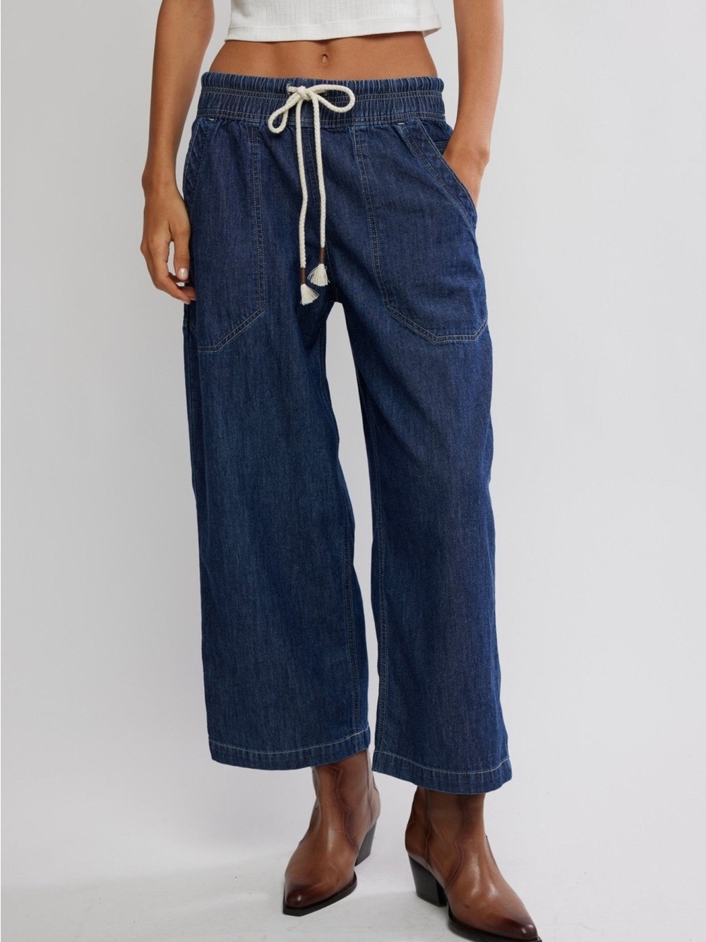NWT Free People Easy Peasy Drawstring Jeans in Dark Blue